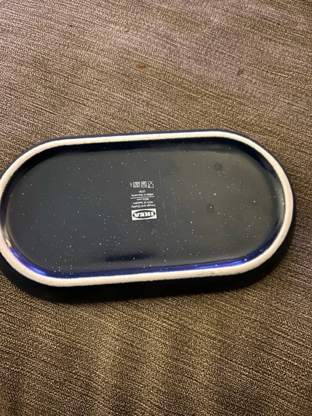 Blue w/ white specks Oval Side plate IKEA Height: ¾ 